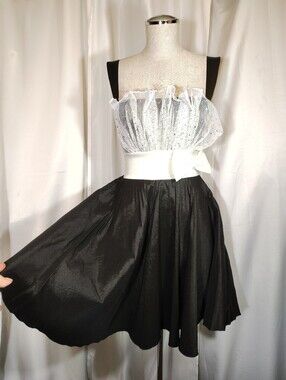 FE USA Vintage Fit+ Flare Formal, white Sparkle bust satin sash, Blak Satin, S